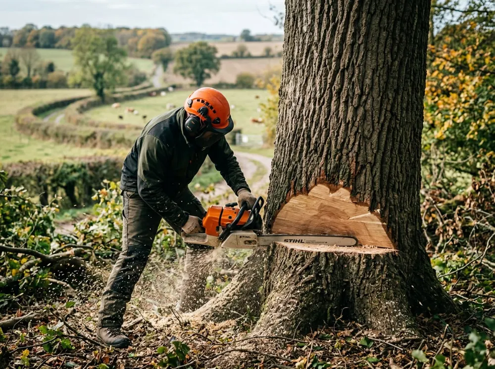 Abattage d’un grand arbre : entaille de direction réalisée à la tronçonneuse