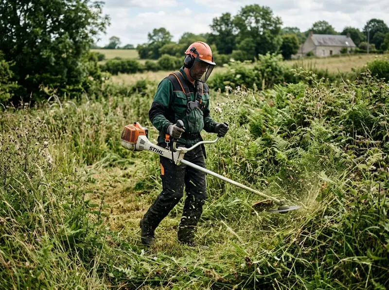 Ouvrier débroussaillant un terrain envahi par les herbes hautes