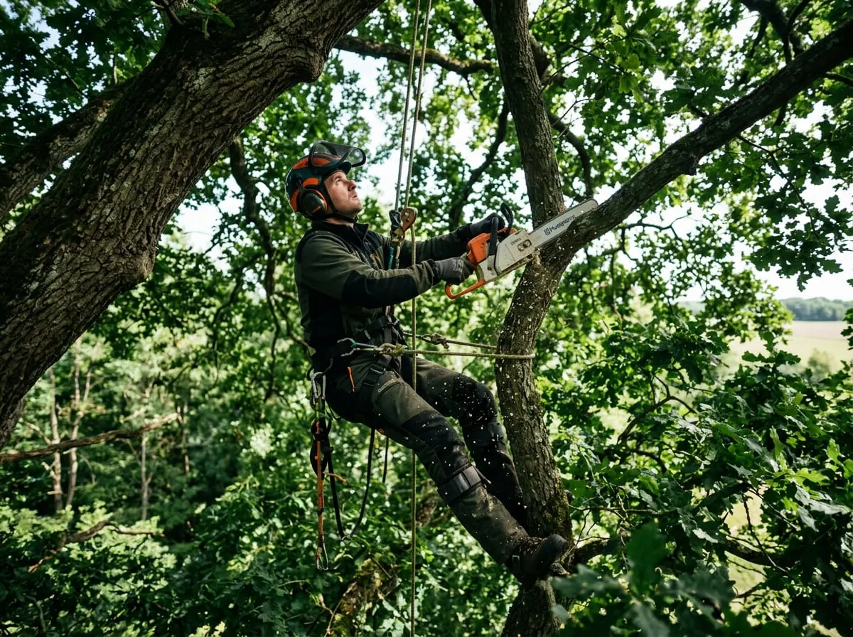 Élagueur suspendu sur cordes taillant un arbre à la tronçonneuse